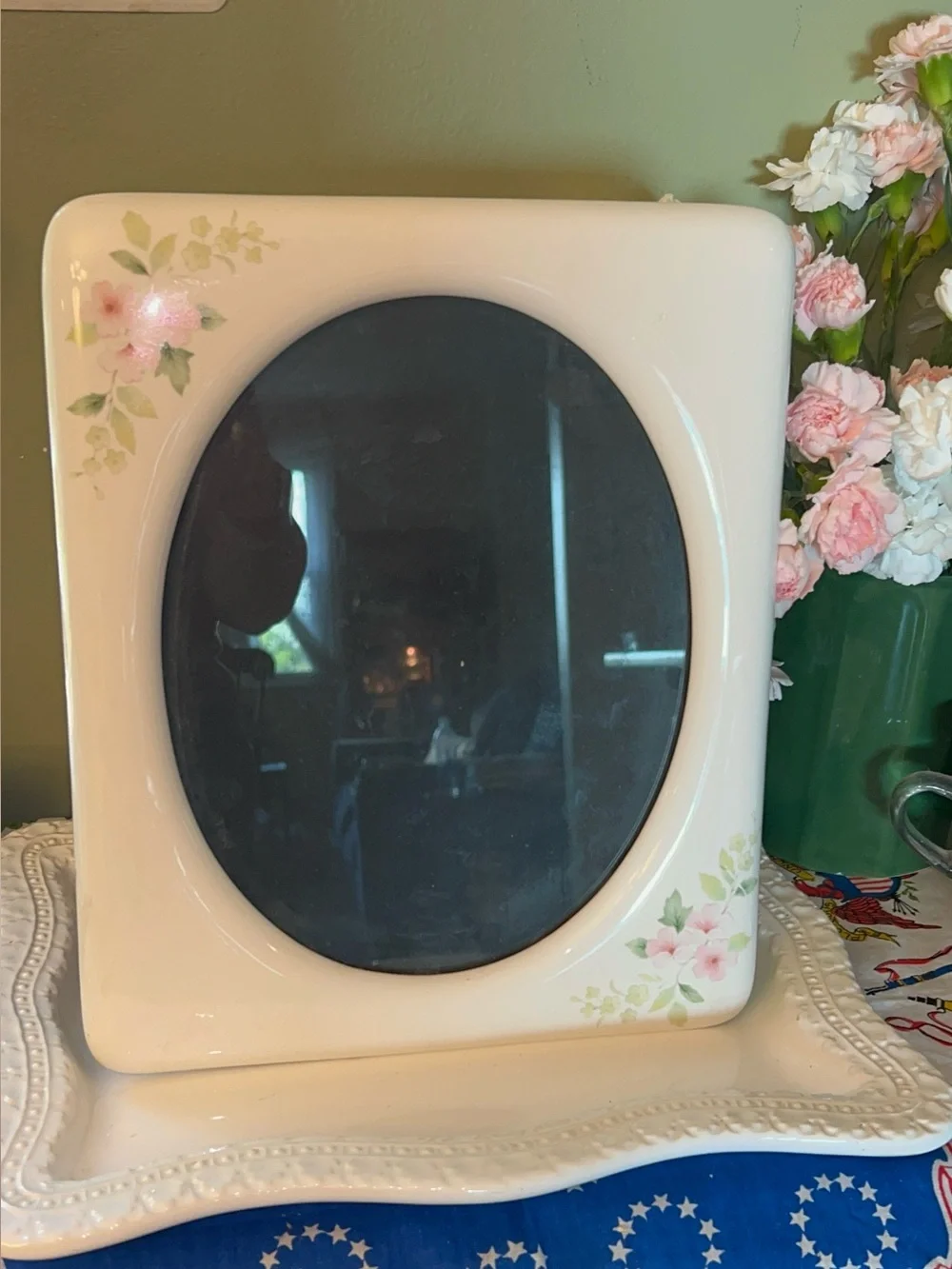 Vintage Cottage Core Shabby Chic White with Pink Floral Ceramic Picture Frame